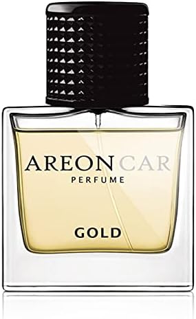 AREON Car Perfume Gold - Air Freshener in Glass Bottle - Luxury Odor Eliminator Spray with Absorber Hanging Pad - Unique Fragrance & Long-Lasting Aroma for Vehicle, Office, Home - Made in Europe, 50ml