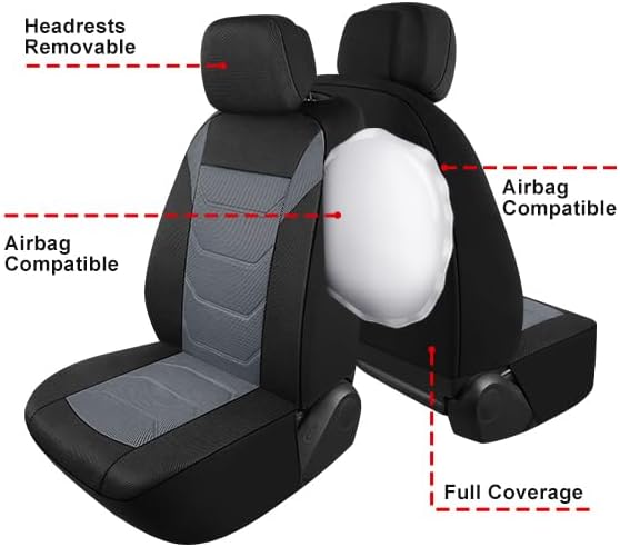 3D Air Mesh Car Seat Cover Full Sets Washable and Breathable Premium Cloth Automotive Vehicle Seat Covers for Cars Interior, Universal Fit for Most Cars, Sedan, Truck, SUV(Black/Gray)