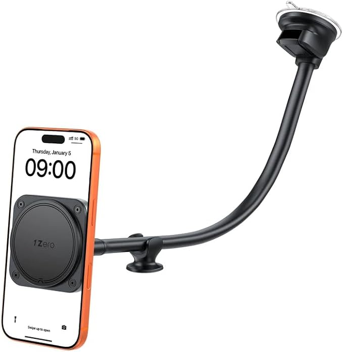 1Zero Magnetic Phone Car Mount 14-Inch Gooseneck Long Arm Extension, Universal Windshield Dashboard Industrial-Strength Suction Cup Car Phone Holder with Strong Magnets (2026 Upgraded for Magsafe)