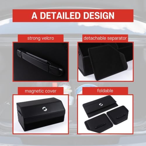 OLG Car Trunk Organizer 50L SUV Bin with (Magnetic Lid) (Faux Leather) (Collapsible Design) - (2 Dividers) (50kg Anti-Slip Hold) Waterproof Storage Box for Cars and Camping