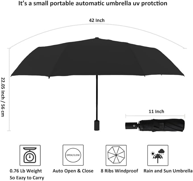 BAODINI Small UV Protection Travel Umbrella Compact for Rain and Sun UPF 50+ Windproof Portable 42 inch Umbrella for Women and Men