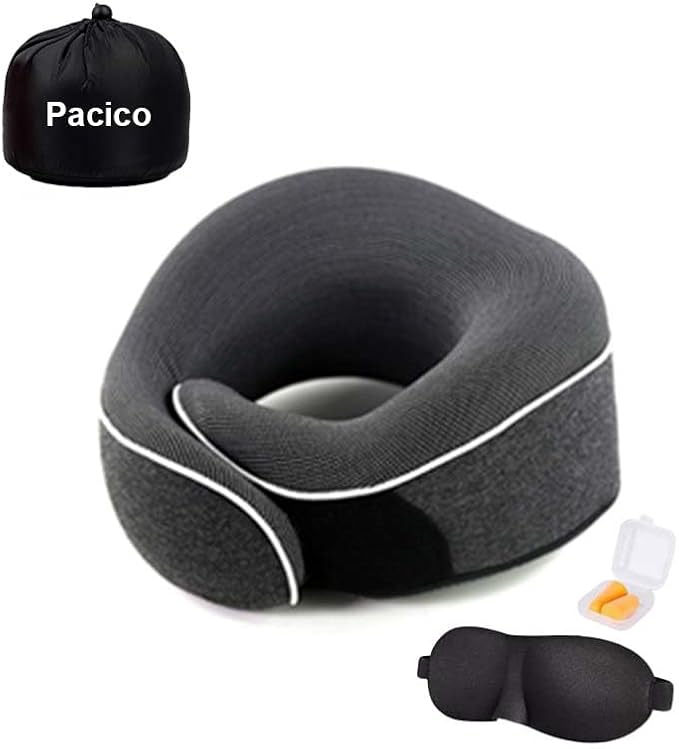 Travel Pillow 100% Pure Memory Foam Neck Pillow, Sleeping Pillow for Car, Train and Airplane, Travel Kit with 3D Contoured Eye Masks and Earplugs (Dark Gray)