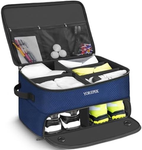 YOREPEK 2 Layer Golf Trunk Organizer, Golf Gifts for Men with Separate Ventilated Compartment for 2 Pair Shoes, Waterproof Car Trunk Locker for Balls, Tees, Clothes, Gloves, Gifts for Golfers
