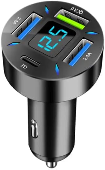 66W 4-Port Car Charger – PD & QC 3.0 Fast Charging Cigarette Lighter Adapter, Dual Type-C + Dual Type-A Ports Compatible with iPhone, Android & Tablets
