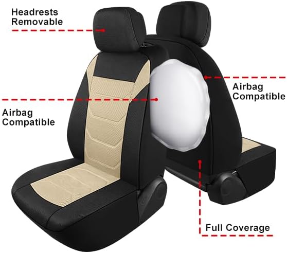 3D Air Mesh Car Seat Cover Front Sets Washable and Breathable Premium Cloth Automotive Vehicle Seat Covers for Cars Interior, Universal Fit for Most Cars, Sedan, Truck, SUV(Black/Beige)