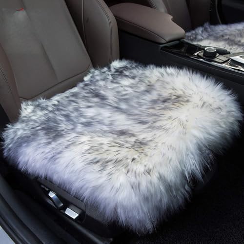 Winter Warmth: Universal Sheepskin Seat Cushion Cover - Natural Wool, for Cars, Trucks, SUVs & Vans - Cozy & Stylish Driving Companion Front Grey Tips