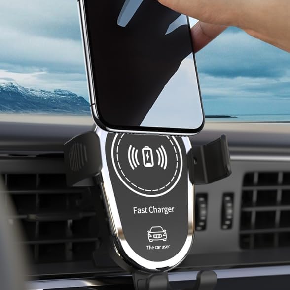 15W Fast Wireless Car Charger, Phone Holder, Auto-Clamping Air Vent Phone Charger for Car (Blue Border Black)