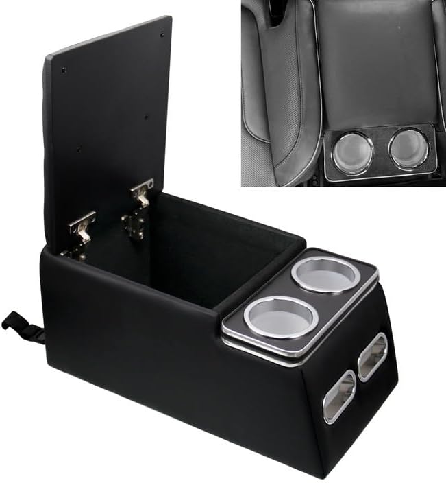 Center Console Organizer with Cup Holder & Padded Top Lid fit for Truck & Car & Van& Bench Consoles Central Armrest Box Back Seat Storage Box Black