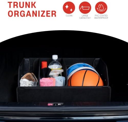 OLG Car Trunk Organizer 50L SUV Bin with (Magnetic Lid) (Faux Leather) (Collapsible Design) - (2 Dividers) (50kg Anti-Slip Hold) Waterproof Storage Box for Cars and Camping