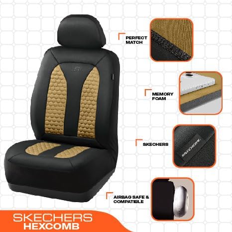 Skechers Memory Foam™ Car Seat Covers, Hexcomb Breathable Thick Seat Covers Two Front Seat Covers, Airbag Compatible, Automotive Comfort & Protection for Most Cars,Van,Trucks, SUVs (Beige,Two Front)