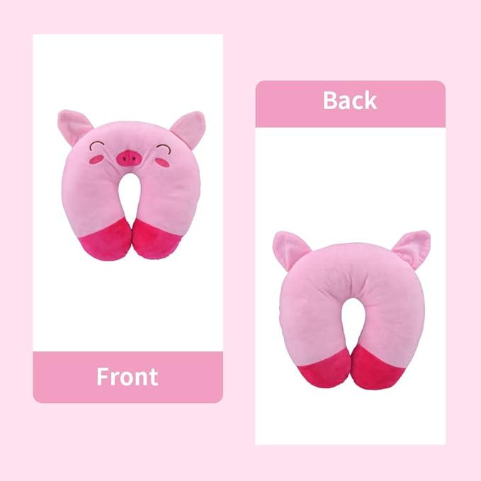 Travel Pillow for Kids, Cute Animal Neck Pillow Support U Shaped Cushion Plush Soft Rest Reading Pillows Sleeping Pillows for Airplane Train Car (Color:Pink Pig)