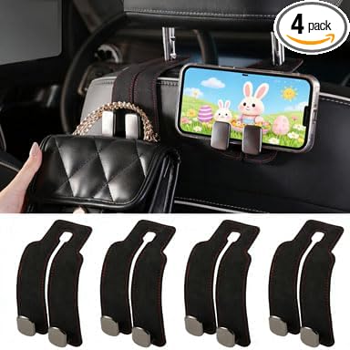 KINIVA Car Seat Headrest Storage Hooks, Set of 2, Suede PU Leather, Double Hooks (Black-4 Pack)
