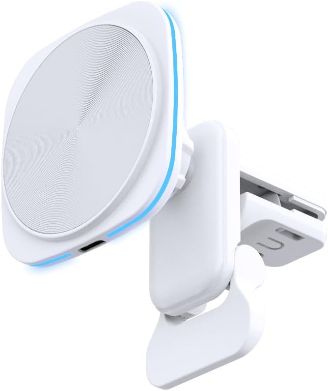 Car Phone Mount – 15W Magnetic Wireless Charger for 12-15 Series, Reliable and Efficient Wireless Charging Phone Holder (White with Blue Light)