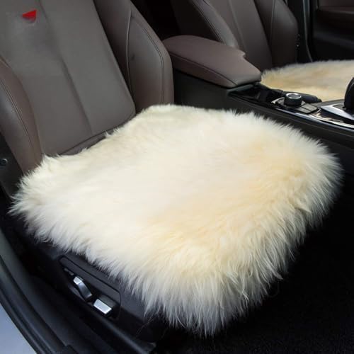 Winter Warmth: Universal Sheepskin Seat Cushion Cover - Natural Wool, for Cars, Trucks, SUVs & Vans - Cozy & Stylish Driving Companion Front Beige Yellow