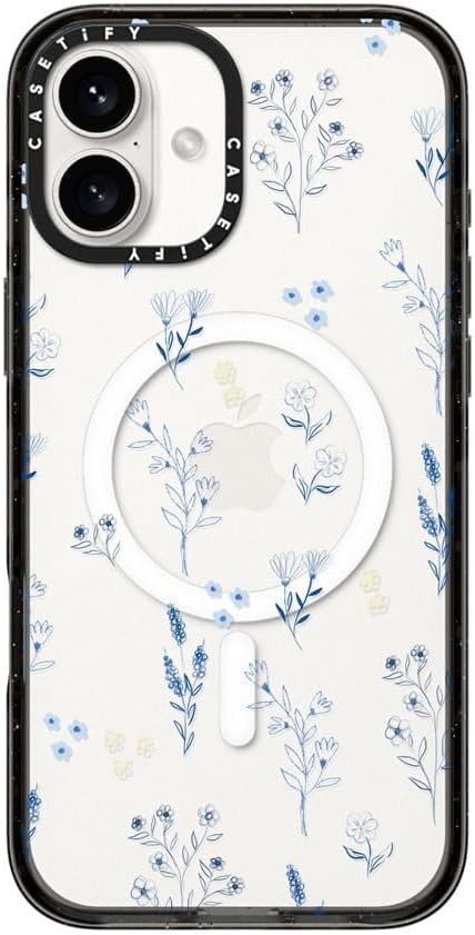 CASETiFY Impact Case for iPhone 16 Plus [Slim / 8.2 ft. 4X Military Grade Drop Protection/Compatible with Magsafe] - Small Blue Flowers - Clear Black