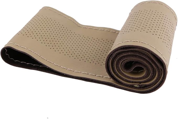 Elegant Beige Genuine Leather Car Steering Wheel Cover Men Business Style 15 Inch Fit Toyota Ford GM Accord Etc Most Cars