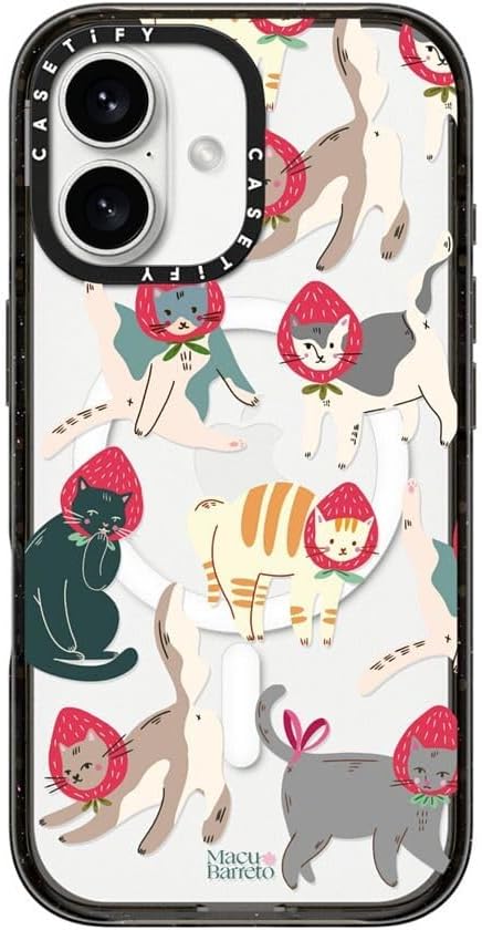 CASETiFY Impact Case for iPhone 16 [8.2ft 4X Military Grade Drop Protection/Compatible with Magsafe] - Strawberry Cats - Clear Black