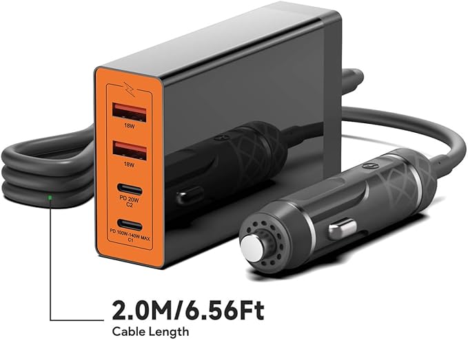 KFD 156W Car Charging Staition,140W USB C Laptop Car Charger,PD3.1&QC3.0 Fast Charging Cigarette Lighter Car USB Charger Multi Port 6.56FT Cable for MacBook/iPad/40W iPhone 17 15 Pro Max/Samsung S25