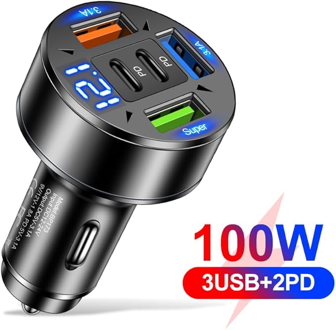 5 in 1 Multi Port USB C Car Phone Charger Adapter with Voltage, 100W Super Fast Charging Car Cigarette Lighter USB Charger for iPhone 16 15 14 13 12 11 Samsung Galaxy, iPad Pro and More