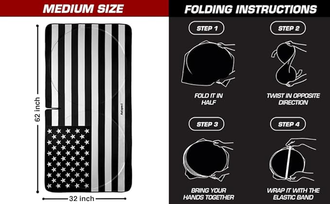 Windshield Sun Shade - American Flag Design, High-Resolution Sun Visor for Car, Truck, SUV with Mirror Cut-Out for Interior Sun Protection, Foldable Car Sun Shade (Black and White, Medium)