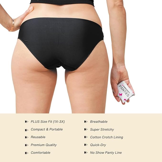 Emergency Panties 4in1 Kit = Seamless Underwear, Fresh Wipe & Liner Accidents Travel On-The-Go Toiletry Kit Plus Size fit 1X-3X Black Bikini