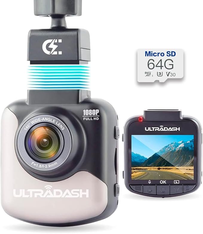Dash Cam UltraDash C1 + 64GB High Endurance Micro SD Card Bundle - Magnetic Charging Mount, HDR High-end Night Image Sensor, F1.8 140 Degree Wide Angle Lens, G-Sensor, 2" LCD, Super Capacitor