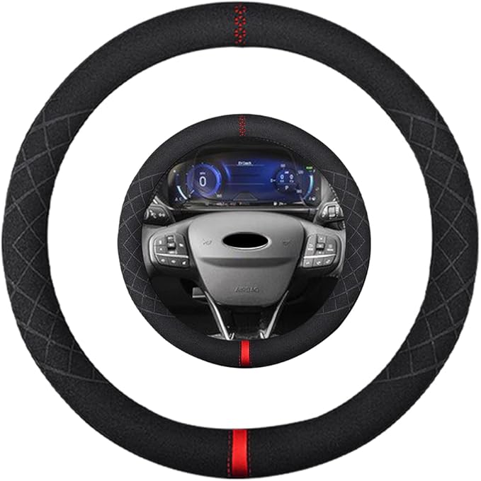 Suede Steering Wheel Cover,Compatible with Ford Edge Escape Fusion Explorer Focus Expedition Mustang SuedeSport Non-Slip Wheel Cover Car Interior Accessories 15 inch for Man and Women
