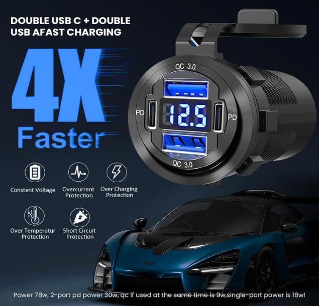 12V USB Outlet 78W Metal Car Charger Socket Dual 30W PD Dual 18W QC3.0 with Voltmeter Aluminum 12V Power Outlet Car USB Port Adapter for Car Truck Golf RV Marine