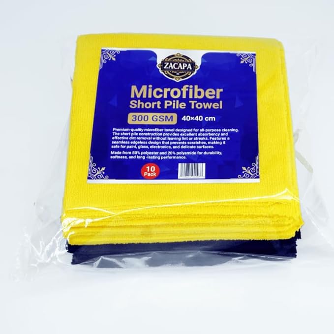 Zacapa 10-Pack Edgeless Microfiber Towels 16x16 in 300 GSM Premium Short Pile/Scratch-Free Car Detailing Towels, Lint-Free Cleaning Cloths/Yellow & Black