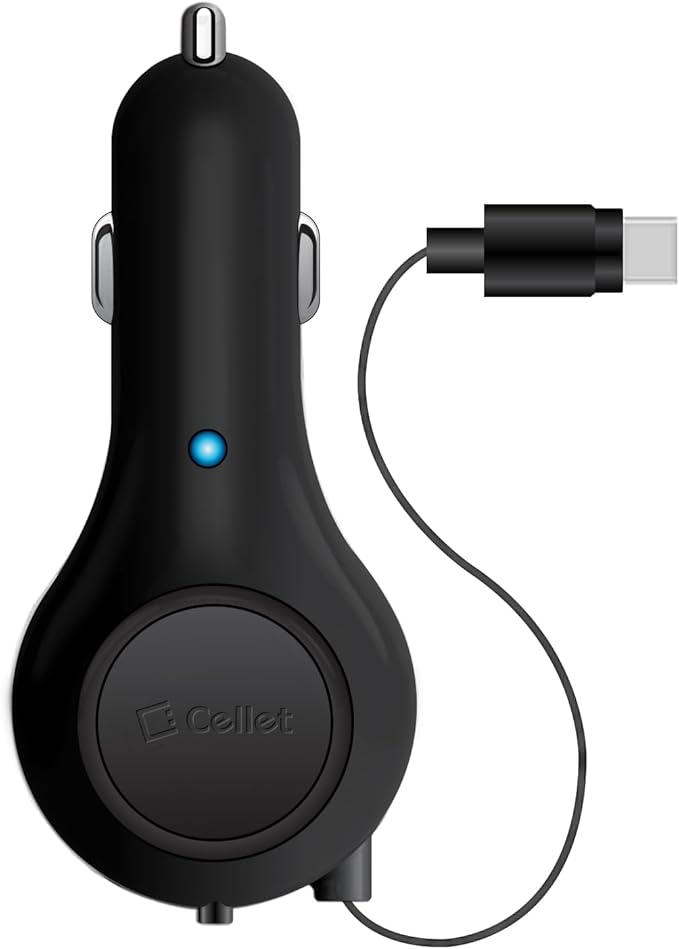 Cellet Retractable USB-C Car Charger – 15W Fast Charging, 3.3ft Cable, 3A Output, Blue LED Indicator – Compatible with Apple iPhone 15/16 Series & Samsung Android USB-C Devices – Compact, Tangle-Free