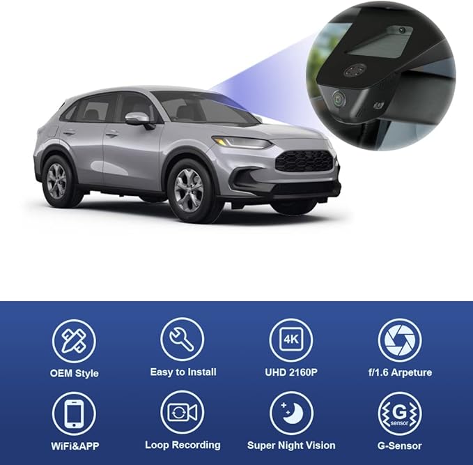 Fitcamx 4K Dash Cam Suitable for Honda HR-V 2023-2026 Sport LX EX-L (Gen3), OEM Factory Look, UHD 2160P Video, Built-in WiFi & APP, Loop Recording, G-Sensor, Night Vision, Easy to Install, 64GB Card