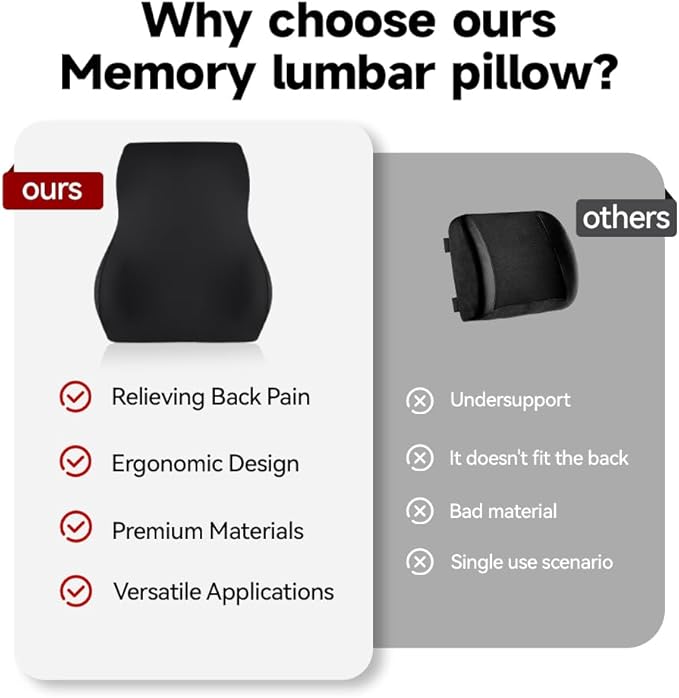 Memory Foam Lumbar Support Pillow for Car, Highly Supportive Back Cushion for Driving, Wheelchair, Office, Home and TravelMemory Foam Lower Back Cushion for Low Back Pain Relief