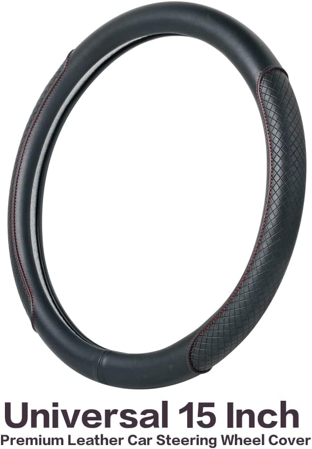 VARGTR Steering Wheel Cover - Microfiber Leather, Classic Embossing, Anti-Slip Breathable, Fit 15 Inch (Black & Red Line)