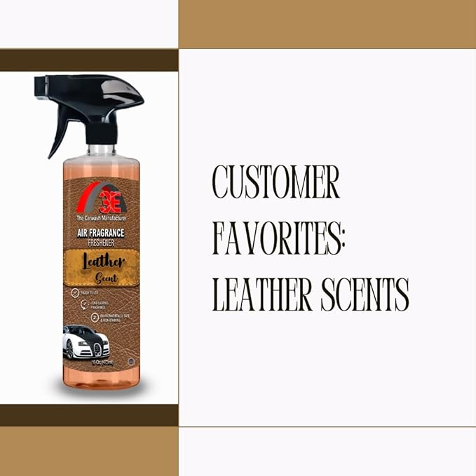 3E Car Air Freshener Premium Leather Scent 16 fl oz – Professional Automotive Air Freshener & Odor Eliminator, Long-Lasting Interior Fragrance for Cars, Trucks, SUVs, RV, Home & Office (LEATHER)