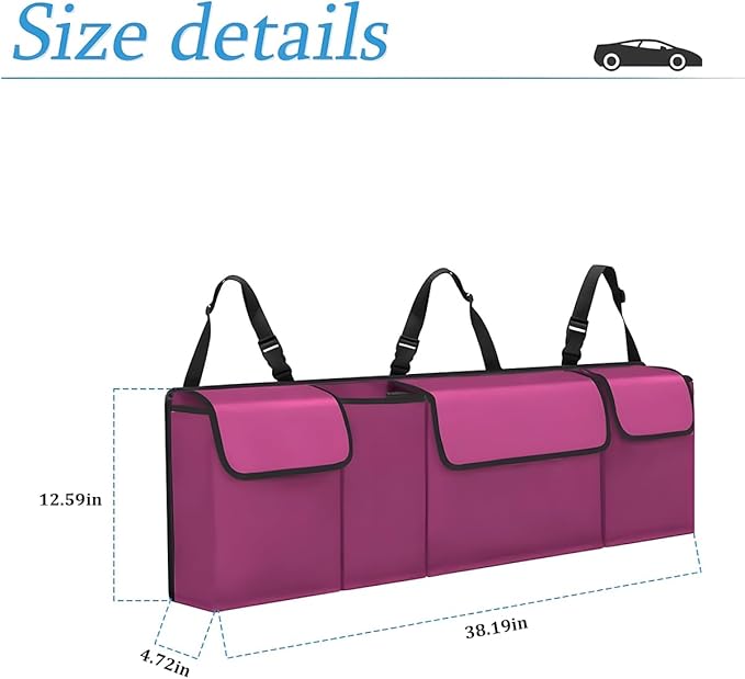 Hanemia Car Trunk Organizer, Backseat Hanging Storage with 4 Large Pockets, Collapsible Cargo Bag with Adjustable Straps Frees Trunk Floor, Sturdy Space Saving Expert for SUV, Truck, Van (Purple)