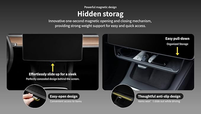 JOWUA Under Screen Invisible Station for Tesla New Model Y 2025 Model 3 Highland (2024+), Include 3 Ports Power HUB, Portable LED Light,