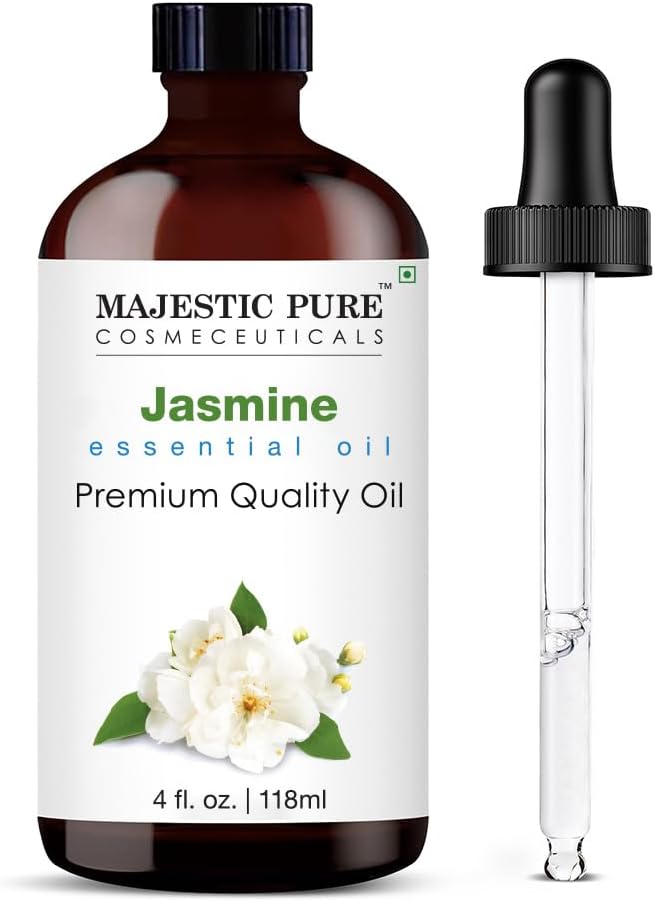 Majestic Pure Essential Oil with Glass Dropper - 100% Pure and Natural - Essential Oils for Diffuser, Aromatherapy, Soap and Candle Making, Jasmine Essential Oil, Jasmine Oil, 4 Fl Oz