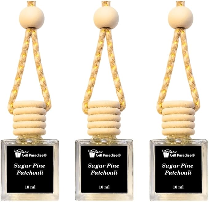 Sugar Pine & Patchouli Car Air Freshener Set of 3 (10 ml Each), Hanging Diffuser Bottles with Wooden Cap, Woodsy Earthy Fragrance for Car, Home & Office, Magnetic Gift Box