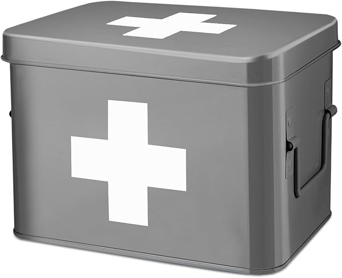 Flexzion Medicine Box, Home Pharmacy Box, 33 x 21 x 19 cm, Metal Medication Storage Box for Emergency, First Aid Cabinet, with Side Handles, Removable Tray & 5 Compartments, Grey