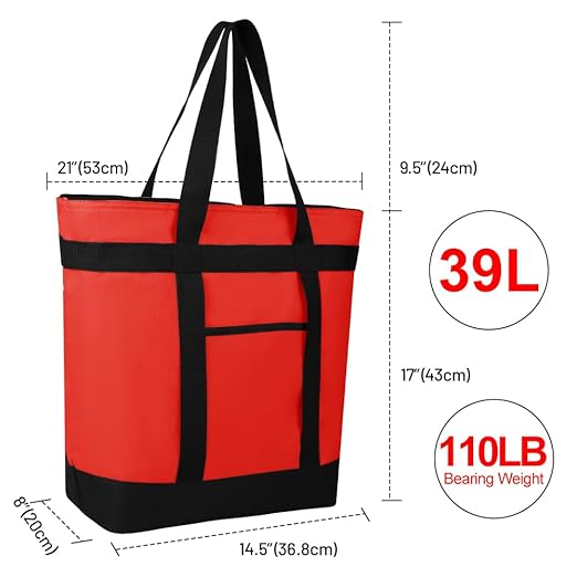 CIVJET Insulated Reusable Tote Bag for Grocery Shopping for Women, Pizza/Food Delivery Bag to Keep Food Cold/Hot for Commercial Food Transport, Cooler bags for Travel/Beach/Picnic, Non-Waterproof, Red