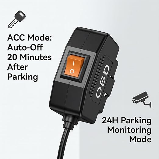 OBD2 Power Cable for Dash Camera, Micro OBD Adapter with 24-Hour Parking Mode, Acc Mode, Low Voltage Protection, 11.48FT Cable for Dash Cams, GPS, DVR, and More, 12V-36V to 5V/3A