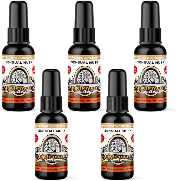 BluntPower (Sensual Musk, 5 Pack) Concentrated Odor Eliminator and Diffuser Oil - Room Deodorizer, Odor Eliminator, and Smoke Eliminator Spray - Premium Oil Based Air Freshener & Odor Eliminator Spray