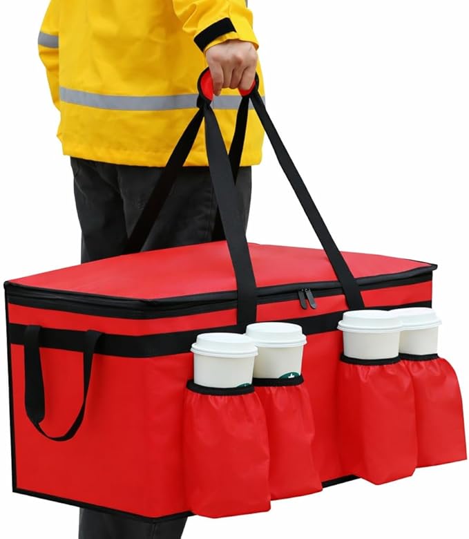Bodaon Insulated Grocery Bags with 4 Cup Holders -Insulated Bags for Food Delivery with Zippered Top, Food Carrier for Catering, Pizza Bag and Cooler Bag for Takeout, Picnic, Shopping, Car Use