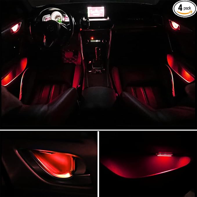 Automotive Door Handle Lights,12V 4pcs LED Interior Lights Multicolor Universal Fit for Car Interior Atmosphere Light (Red)