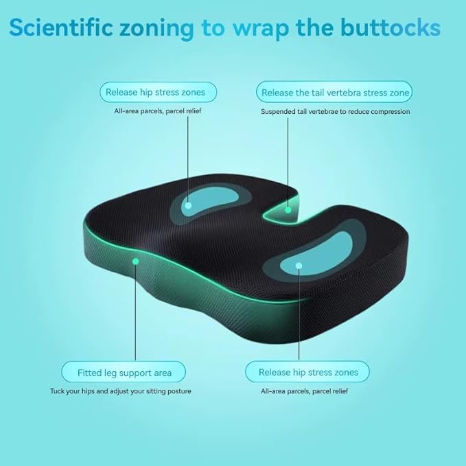 Seat Cushion – Memory Foam, Non-Slip Orthopedic Coccyx Support Pad for Office Chairs, Car Seats & Home, Ergonomic Tailbone, Sciatica & Lower Back Pain Relief