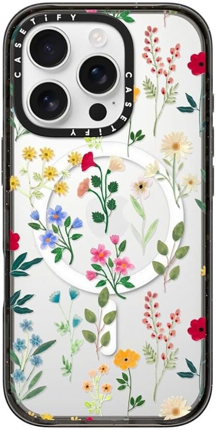 CASETiFY Impact Case for iPhone 16 Pro [Slim / 8.2 ft. 4X Military Grade Drop Protection/Compatible with Magsafe] - Spring Botanicals 2 - Clear Black