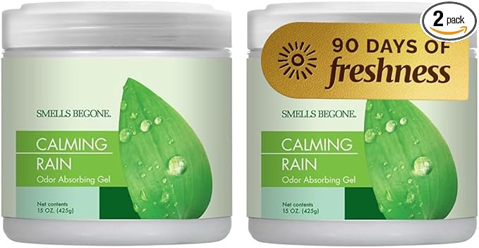 SMELLS BEGONE 15oz Gel Odor Eliminator - Absorb & Remove Tough Odors in Pet Areas, Bathrooms, Basements, Garage, Cars, RVs & Boats - Eliminate Odors Quickly (2-Pack, Calming Rain)