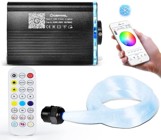 GIDERWEL Smart APP Controlled Fiber Optic Light,RGBW Starlight Headliner Kit with Remote Control,200pcs 6.5ft 0.03in Optic Fiber Cable and Music LED Light Engine for Car,Home Theater Ceiling