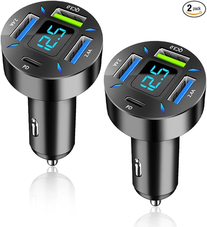 Car Charger 66W Super Fast Charging with USB C&QC 3.0(Voltmeter&LED Lights) Universal Quick Charge for 12-24V Car Cigarette Lighter Plug,Compatible with iPhone 14 13,S22,iPad(2Pcs-Black-QC/PD/2.4A)
