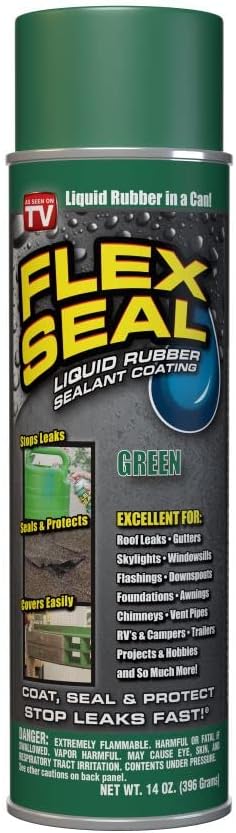 Flex Seal, 14 oz, Green, Stop Leaks Instantly, Waterproof Rubber Spray On Sealant Coating, Perfect for Gutters, Wood, RV, Campers, Roof Repair, Skylights, Windows, and More